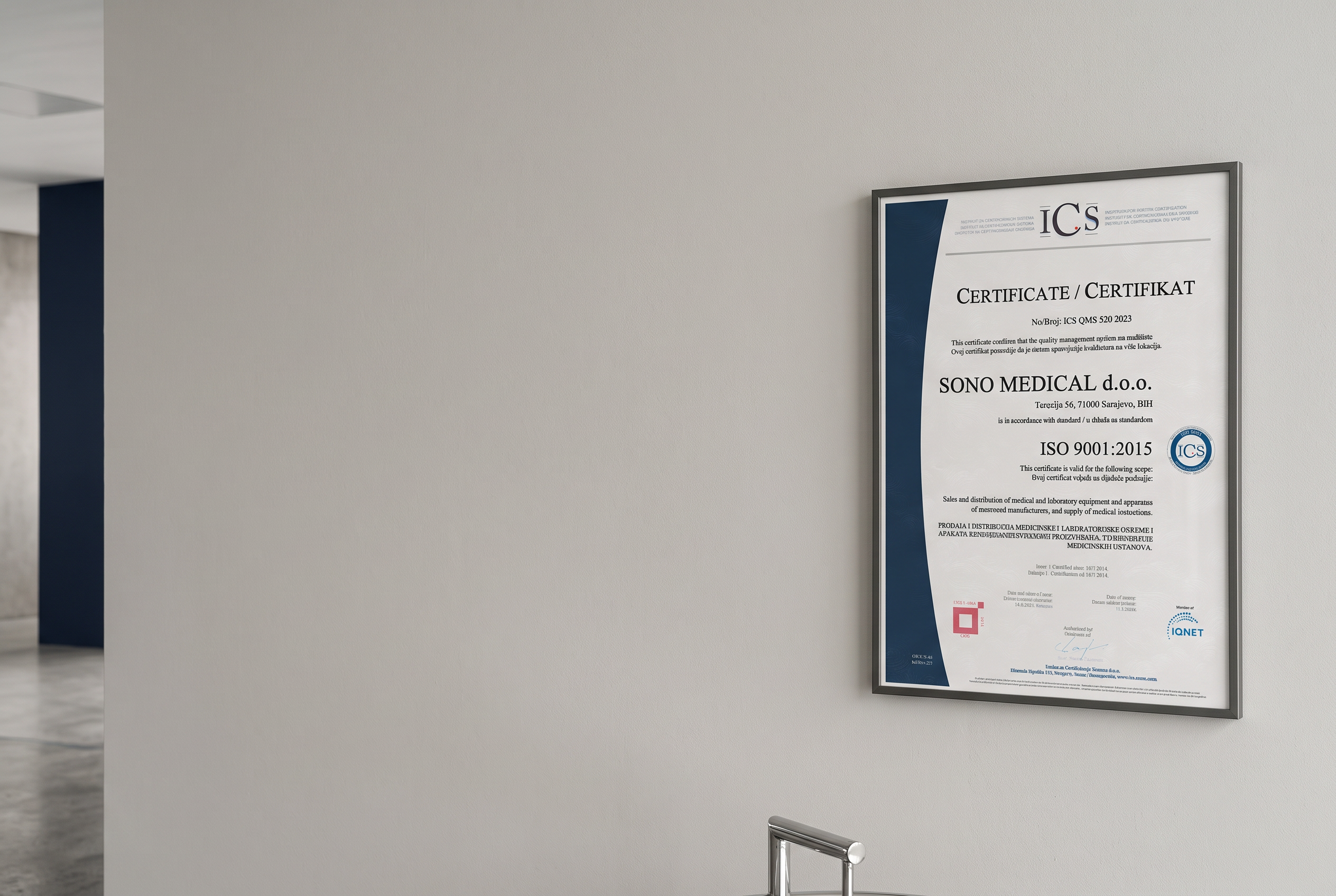ISO 9001:2015 certificate in a frame on the Sono Medical office wall